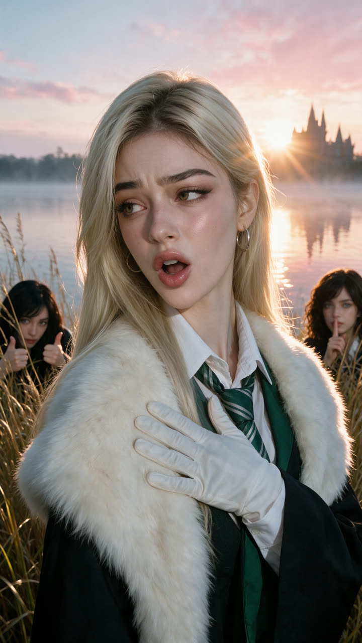 Malfoid, Thea, Odette and the boy in a misty lake shore at sunrise