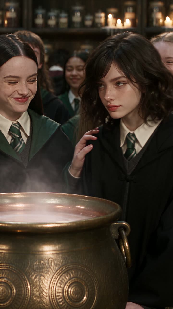 Malfoid, Thea, Odette and the boy in a candlelit stone potions dungeon
