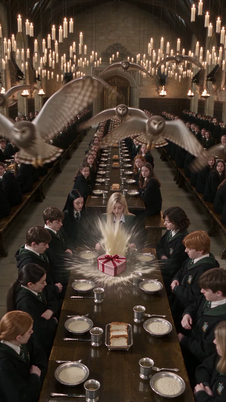 Malfoid, Thea, Odette and the boy in a vast candlelit stone dining hall with long wooden tables laid for breakfast
